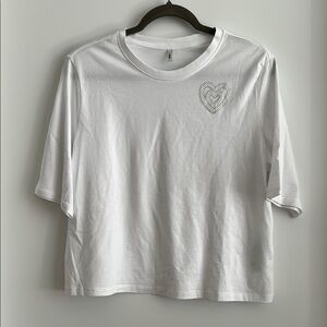 ONLY White Oversized Cropped T-Shirt with Heart Embellishment